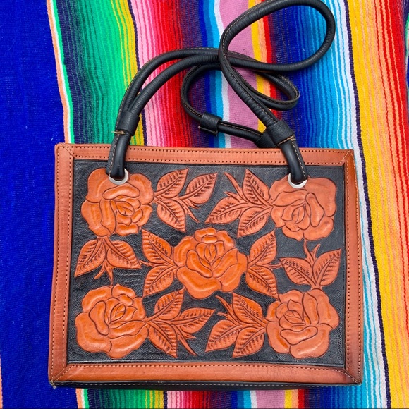 American West Handbags - VINTAGE AMERICAN WEST TOOLED LEATHER ROSE SATCHEL